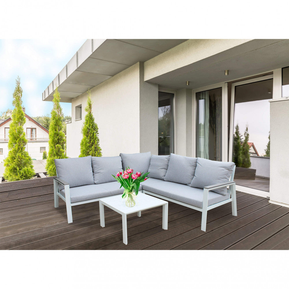 SALOTTO ANGOLARE SURABAYA C/CUSCINI. Struttura in alluminio BIANCA o ANTRACITE cuscini in poliestere Dimensioni: Dx2.135x86x82h/A.78x78x82h/T.68x68x40. Arredo Giardino