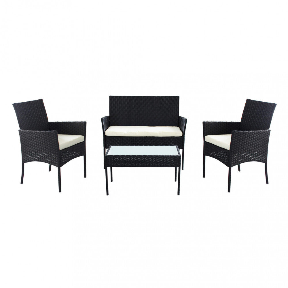 SALOTTO SMONTABILE CARACAS 2 P C/CUSCINI. Struttura in metallo, wicker GRIGIO o MARRONE materiale UV protection cuscini spessore 4 cm, vetro tavolino 5 mm Dimensioni: D.103x56x80/P.58x56x80/T.71x41x39. Arredo Giardino