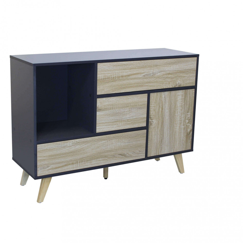 MOBILE EMORY GRIGIO E NATURALE. Mobile in melammina con 1 ante, 3 cassetti e 1 ripiano naturali struttura, bianca o grigio scura Dimensioni: 119 x 39,5 x 85,6 h.