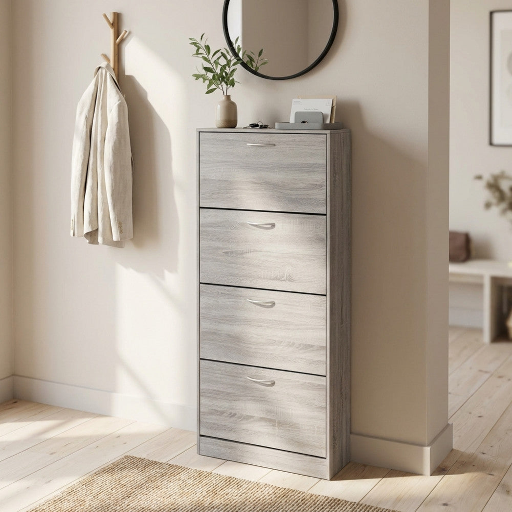 WENDY SHOE RACK, LIGHT GREY. Shoe rack with 4 wooden doors. Dimensions: 60 x 24 x 150 cm.