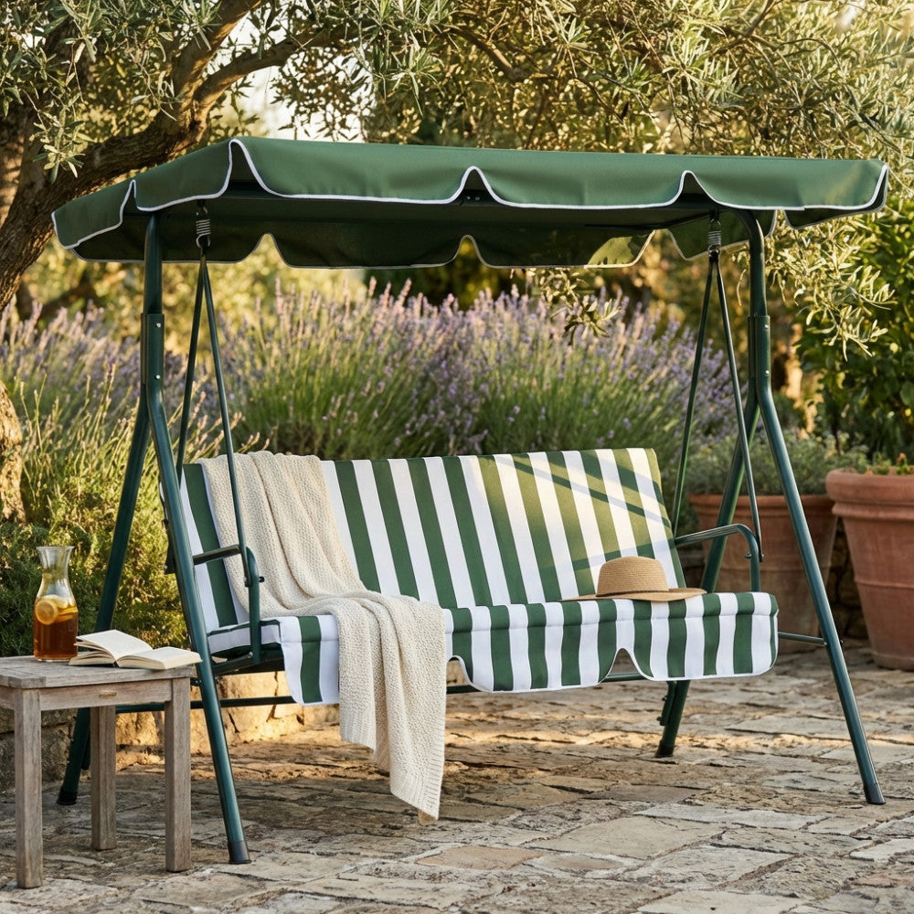 GREEN SWING WITH CUSHIONS. 160 g GREEN polyester fabric, GREEN STRIPED cushion. Green metal frame, tubes Ø 45/32/25/19/16 mm. Dimensions: 170 x 110 x 153 cm. Garden Furniture