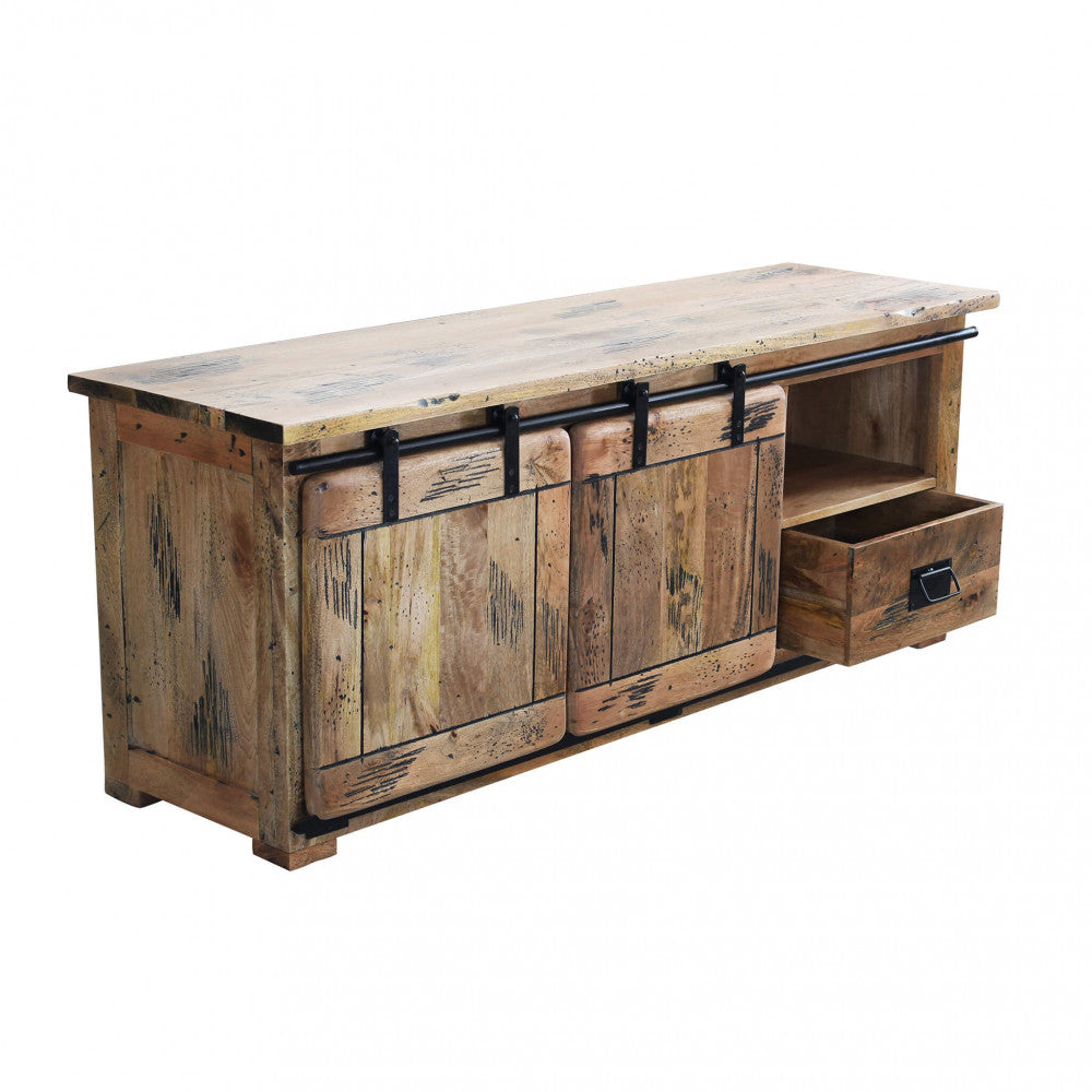 PORTA TV WELDON. Porta TV in legno di mango con 2 anta scorrevole, 1 ripiano e 2 cassetto Dimensioni: cm 150 x 45 x 60 h.