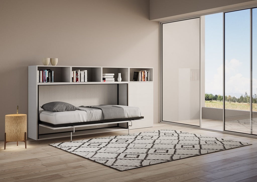 Letto a scomparsa singolo orizzontale Ferrara con materasso composizione A Bianco Frassino