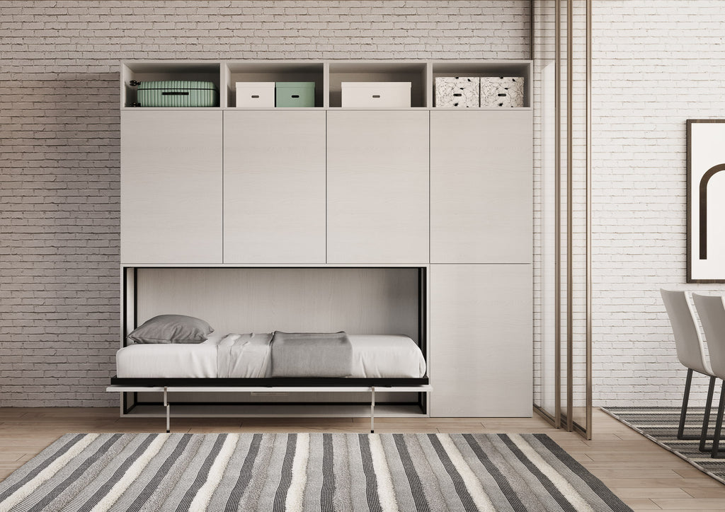 Letto a scomparsa singolo orizzontale Ferrara con materasso composizione B Bianco Frassino
