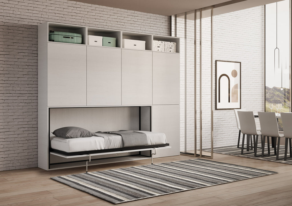 Letto a scomparsa singolo orizzontale Ferrara con materasso composizione B Bianco Frassino