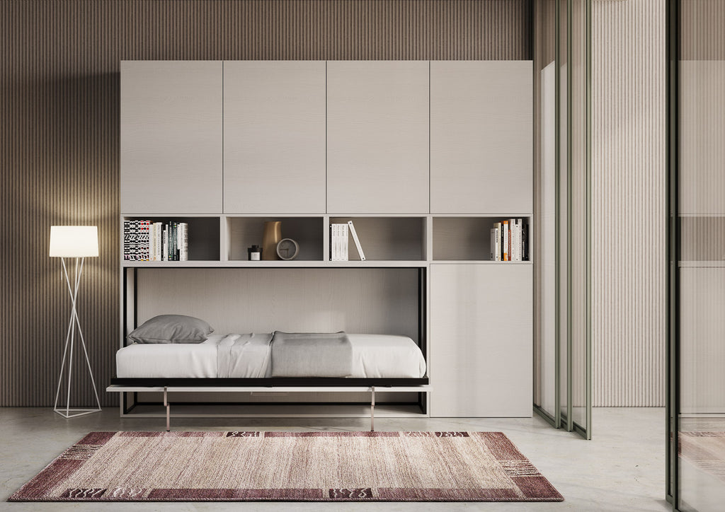 Letto a scomparsa singolo orizzontale Ferrara con materasso composizione C Bianco Frassino