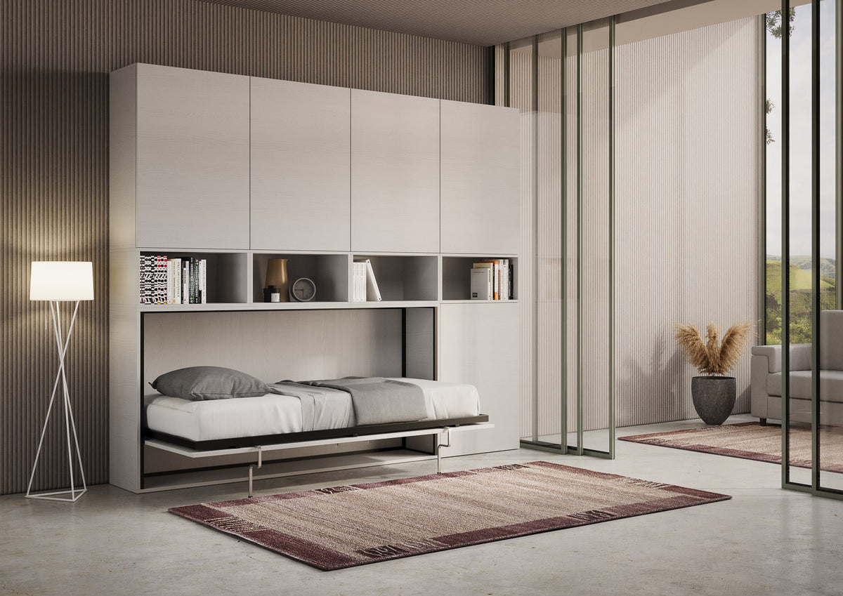 Letto a scomparsa singolo orizzontale Ferrara con materasso composizione C Bianco Frassino