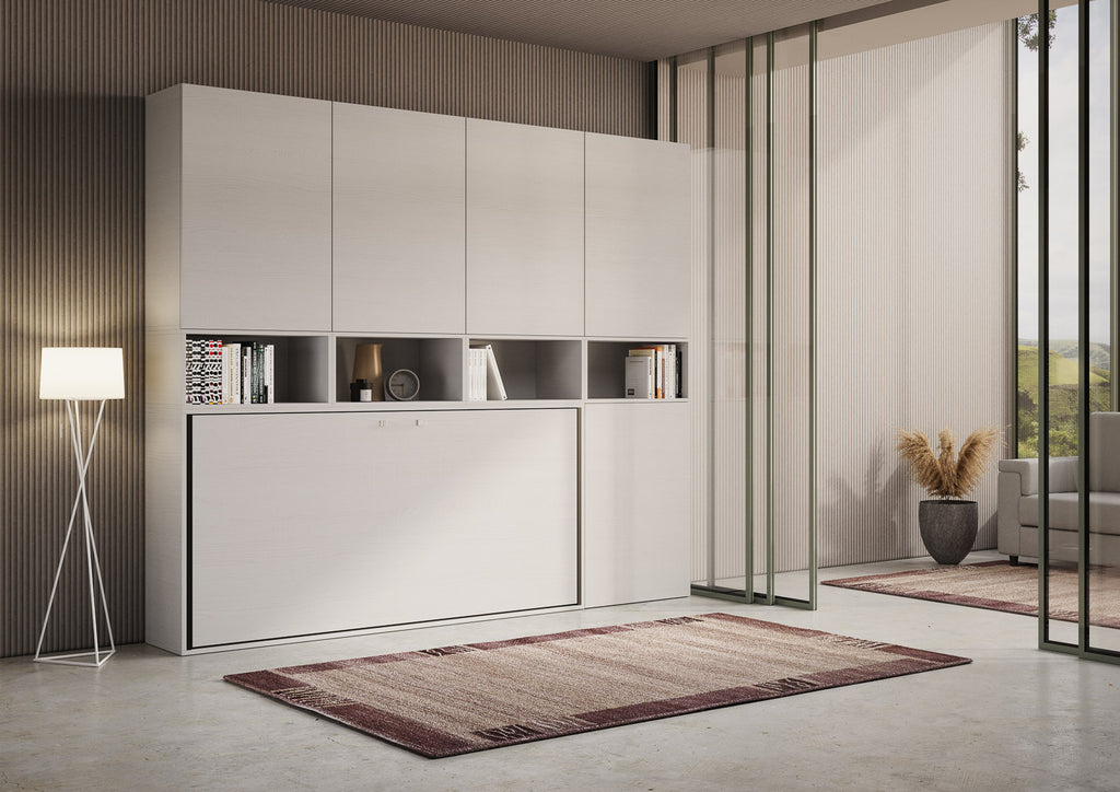 Letto a scomparsa singolo orizzontale Ferrara con materasso composizione C Bianco Frassino