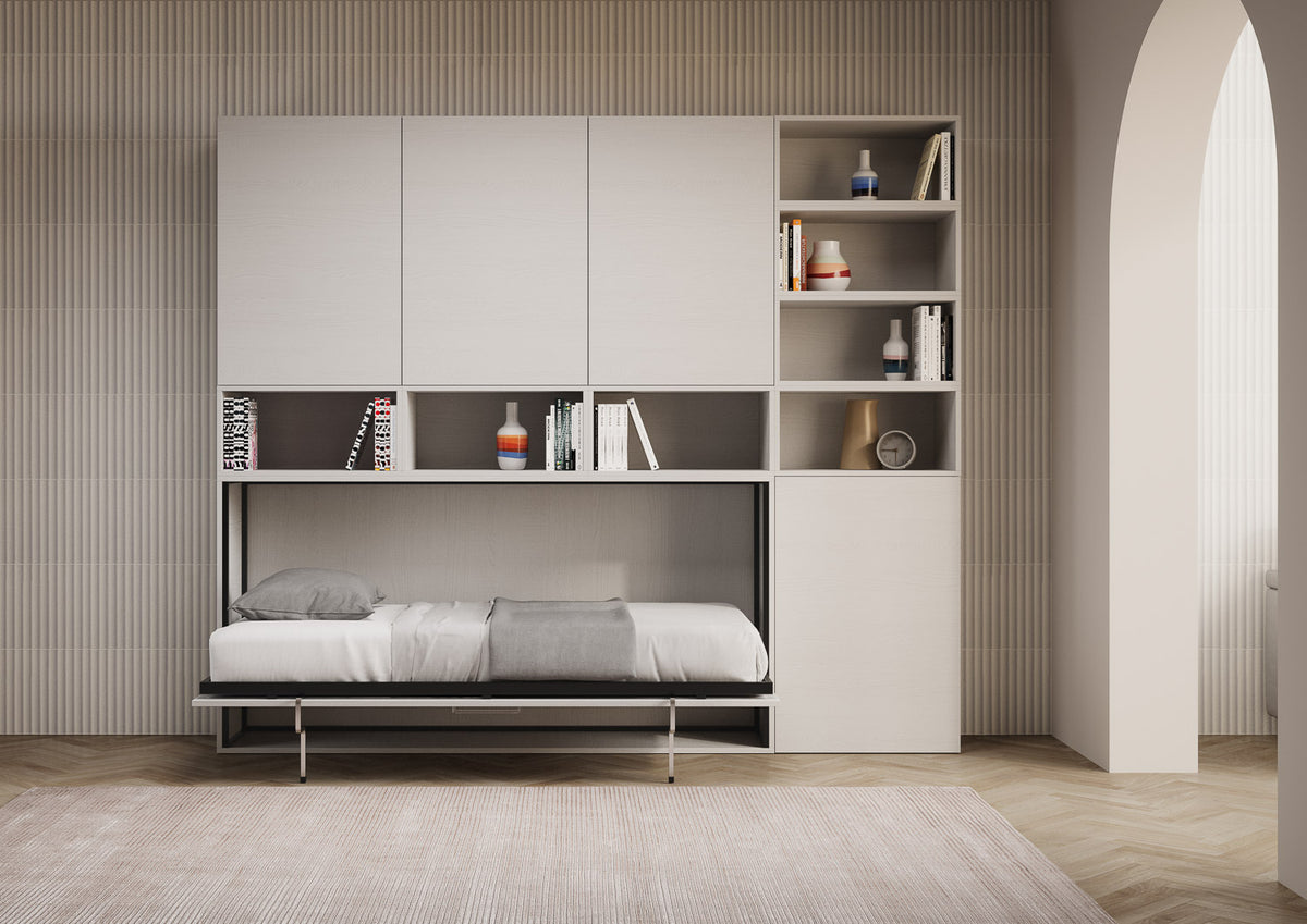 Letto a scomparsa singolo orizzontale Ferrara con materasso composizione E Bianco Frassino