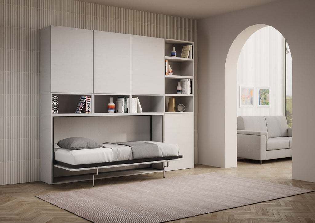 Letto a scomparsa singolo orizzontale Ferrara con materasso composizione E Bianco Frassino