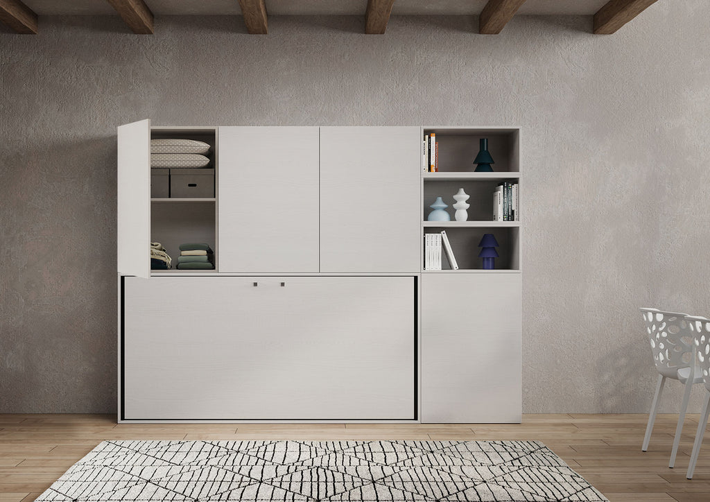 Letto a scomparsa singolo orizzontale Ferrara con materasso composizione F Bianco Frassino
