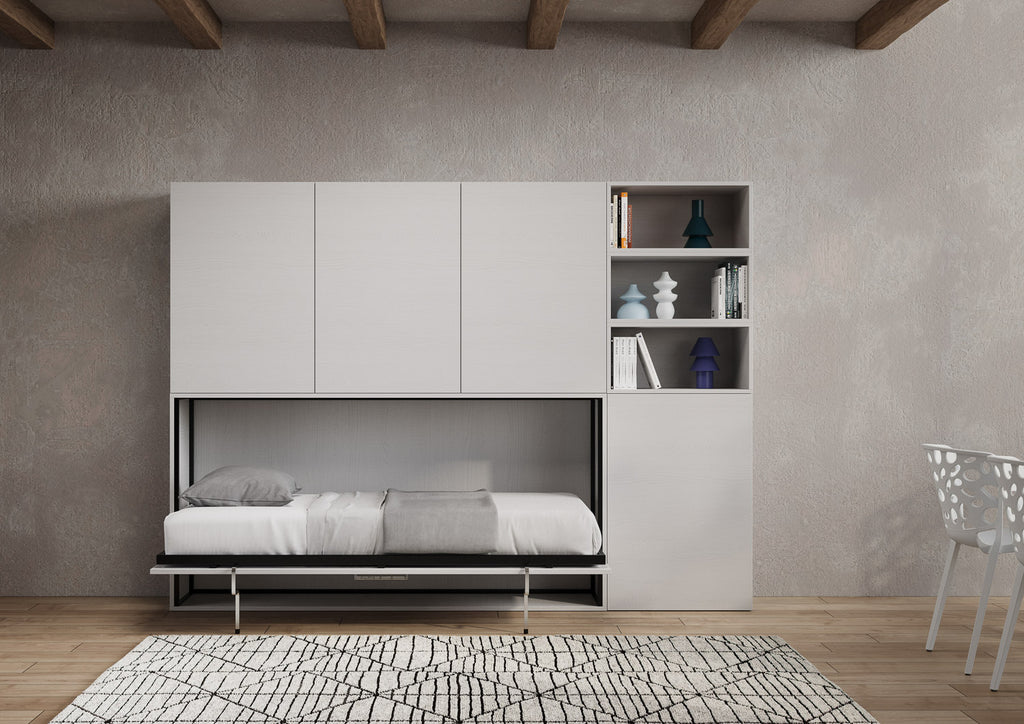 Letto a scomparsa singolo orizzontale Ferrara con materasso composizione F Bianco Frassino