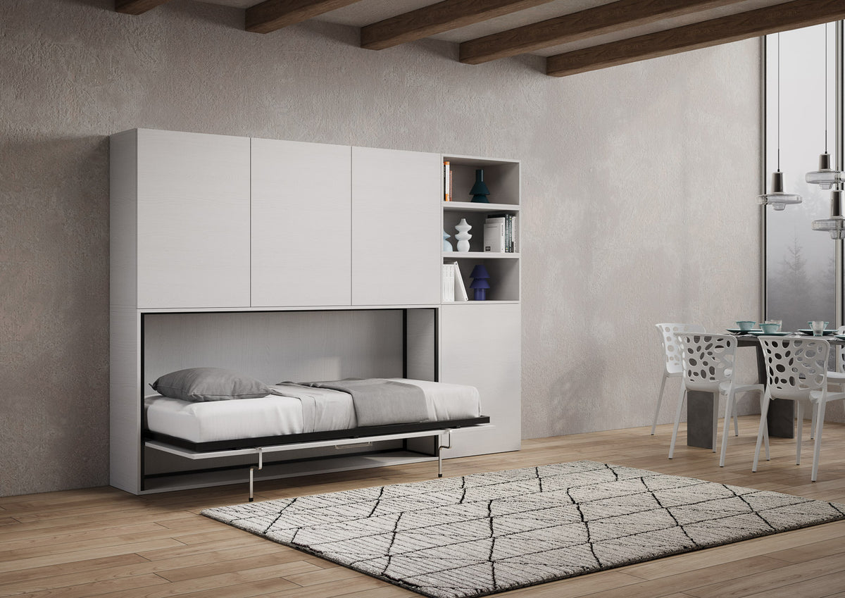 Letto a scomparsa singolo orizzontale Ferrara con materasso composizione F Bianco Frassino