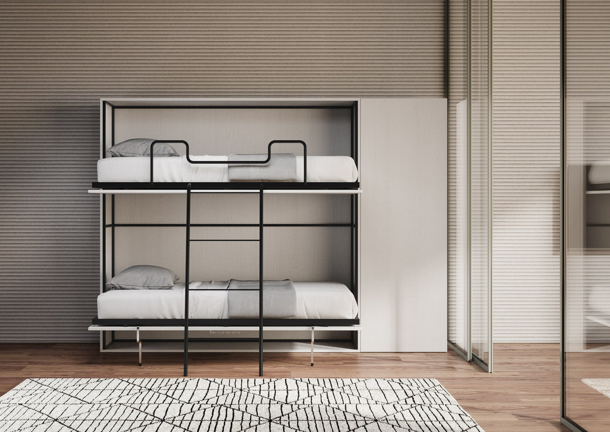 Letto a scomparsa doppio orizzontale Ferrara con materassi composizione H Bianco Frassino