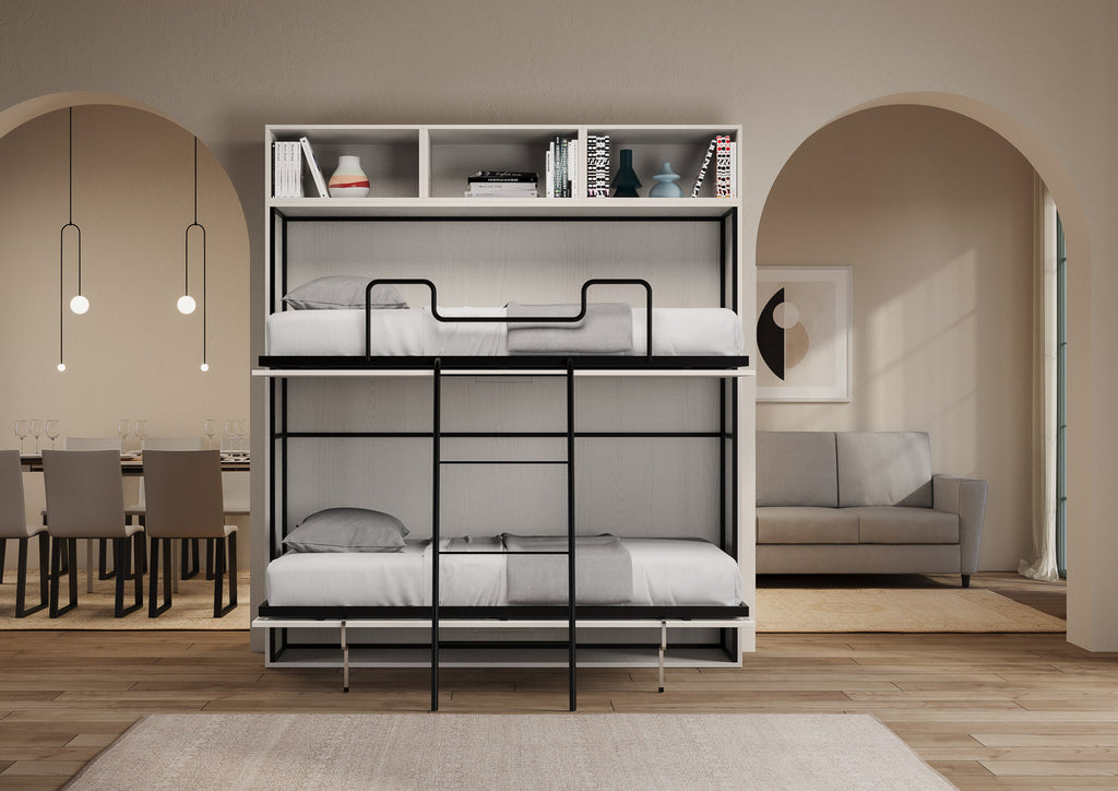 Letto a scomparsa doppio orizzontale Ferrara composizione L Bianco Frassino