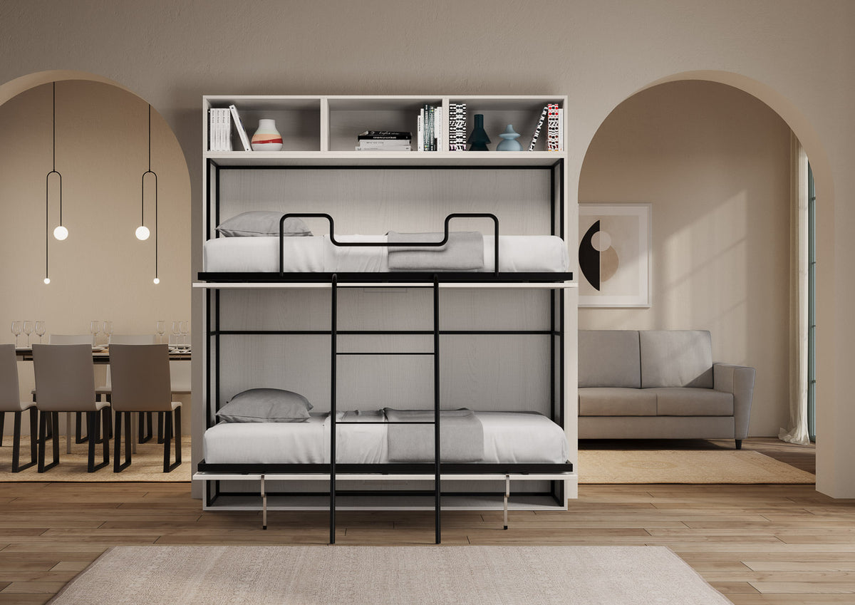 Letto a scomparsa doppio orizzontale Ferrara composizione L Bianco Frassino