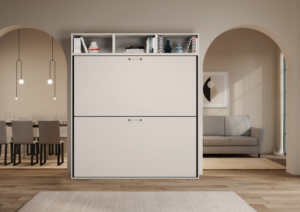 Letto a scomparsa doppio orizzontale Ferrara composizione L Bianco Frassino