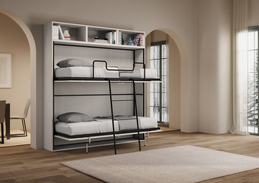 Letto a scomparsa doppio orizzontale Ferrara composizione L Bianco Frassino