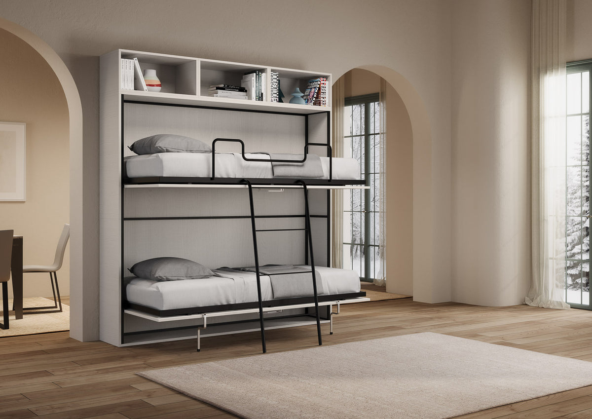 Letto a scomparsa doppio orizzontale Ferrara composizione L Bianco Frassino