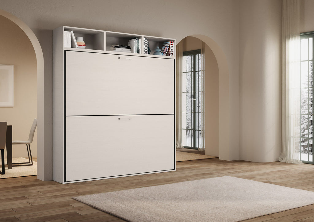 Letto a scomparsa doppio orizzontale Ferrara composizione L Bianco Frassino