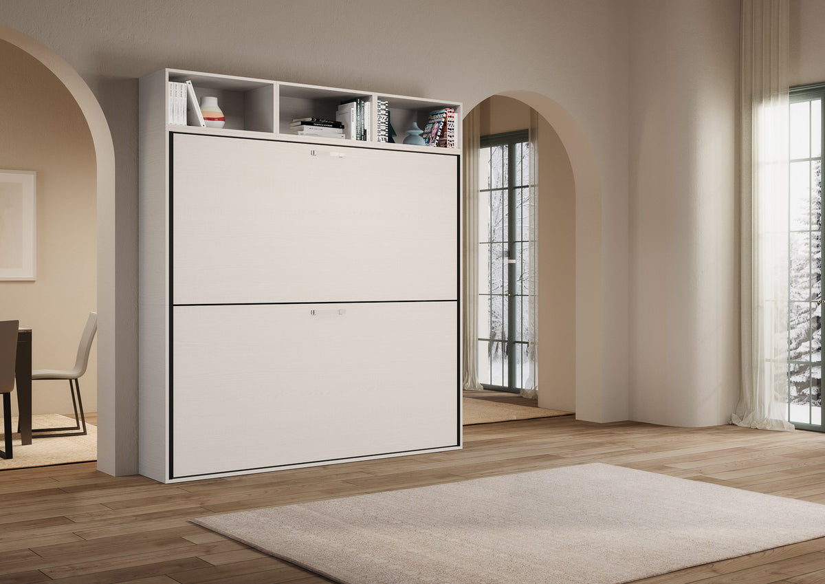 Letto a scomparsa doppio orizzontale Ferrara composizione L Bianco Frassino