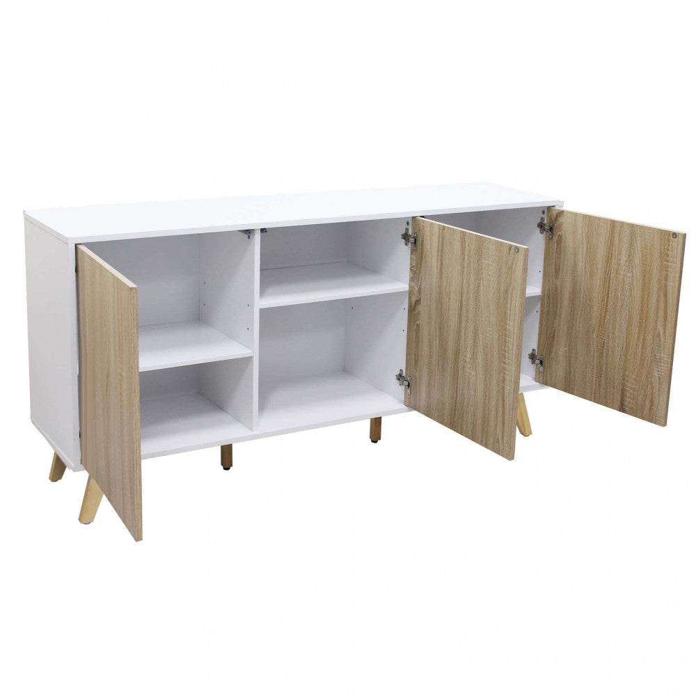 MOBILE ELTON BIANCO E NATURALE. Mobile in melammina con 3 ante naturali, struttura bianca o grigio scura Dimensioni: 150 x 39,5 x 75 h.