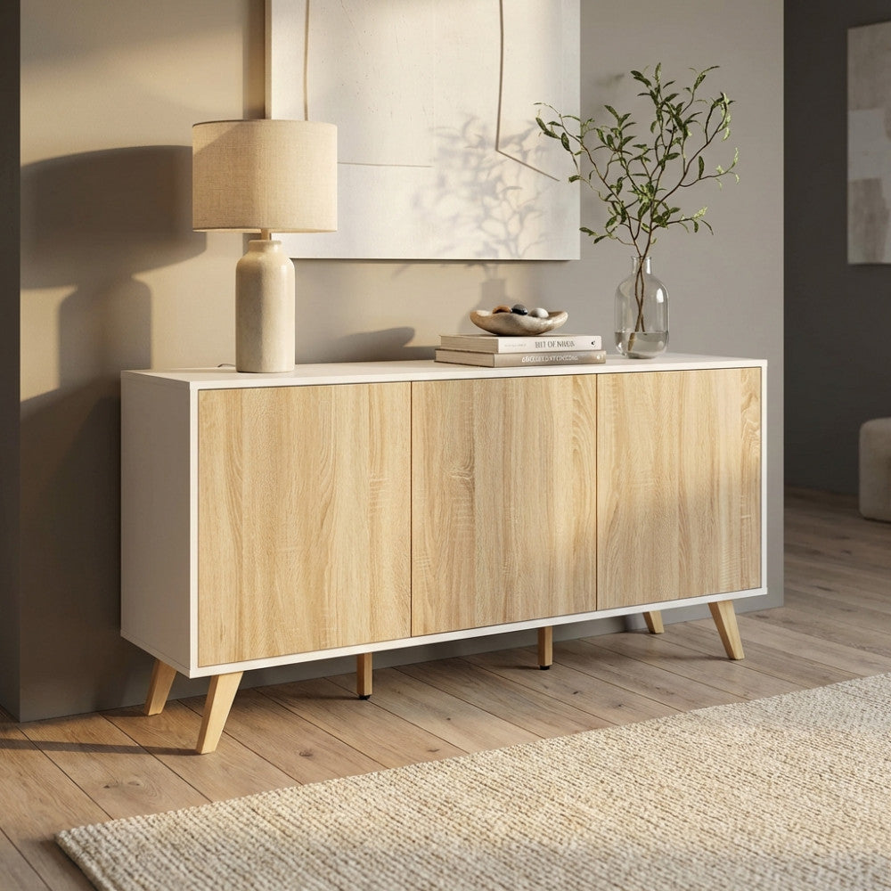 ELTON WHITE AND NATURAL CABINET. Melamine cabinet with 3 natural doors, white or dark grey frame. Dimensions: 150 x 39.5 x 75 h.