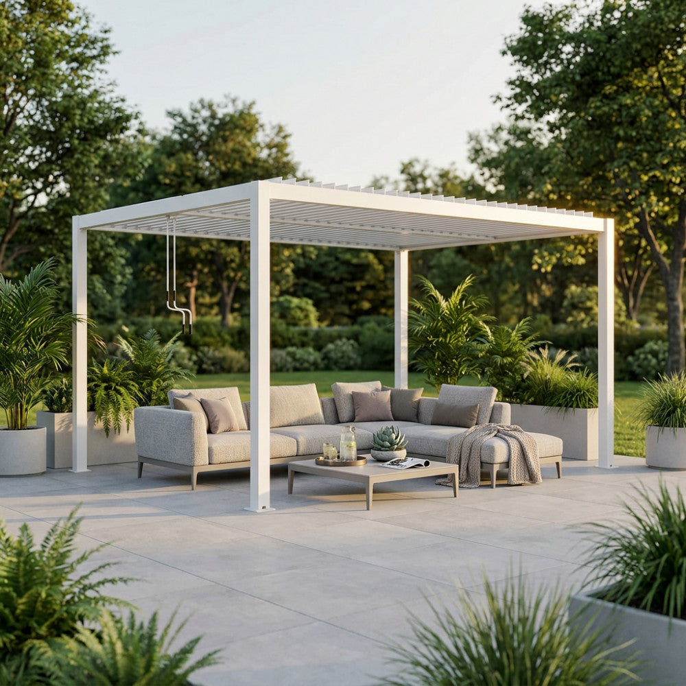 PERGOLA BIOCLIMATICA 3 X 4. Struttura in alluminio bianco o grigio scuro o marrone effetto legno frangisole orientabili a movimentazione manuale copertura a lamelle resistente a tutte le intemperie Dimensioni: m 3 x 4 x 2,5 h. Arredo Giardino