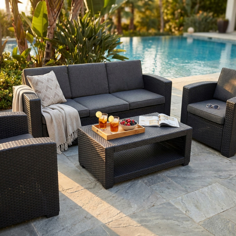 MAURITIUS 3-PIECE REMOVABLE LOUNGE SETTEE/CUSHIONS. Molded plastic frame, BLACK wicker UV protection material, DARK GREY cushions, 8 cm thick. Dimensions: D.166.8x71x75/P.83x71x75/T.93x55.8x38.6. Garden Furniture