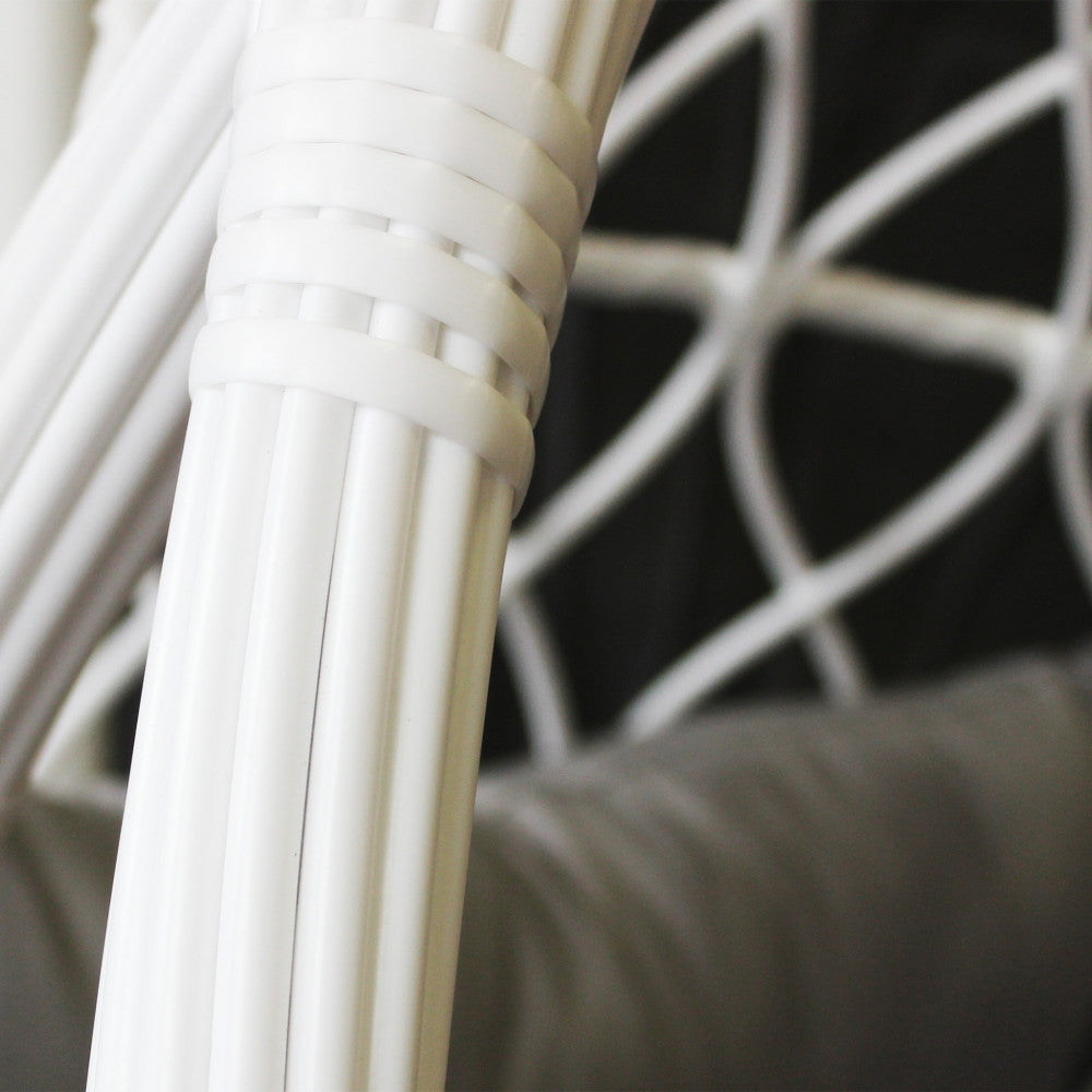 CAPRAIA SWING CHAIR. Matt dove grey metal frame, grey, white or natural wicker seat, 42 x 2.5 mm metal tubes, 42 x 1.5 mm base. Dimensions: Frame 95 x 195 h, seat 93 x 72 x 122 cm. Garden Furniture