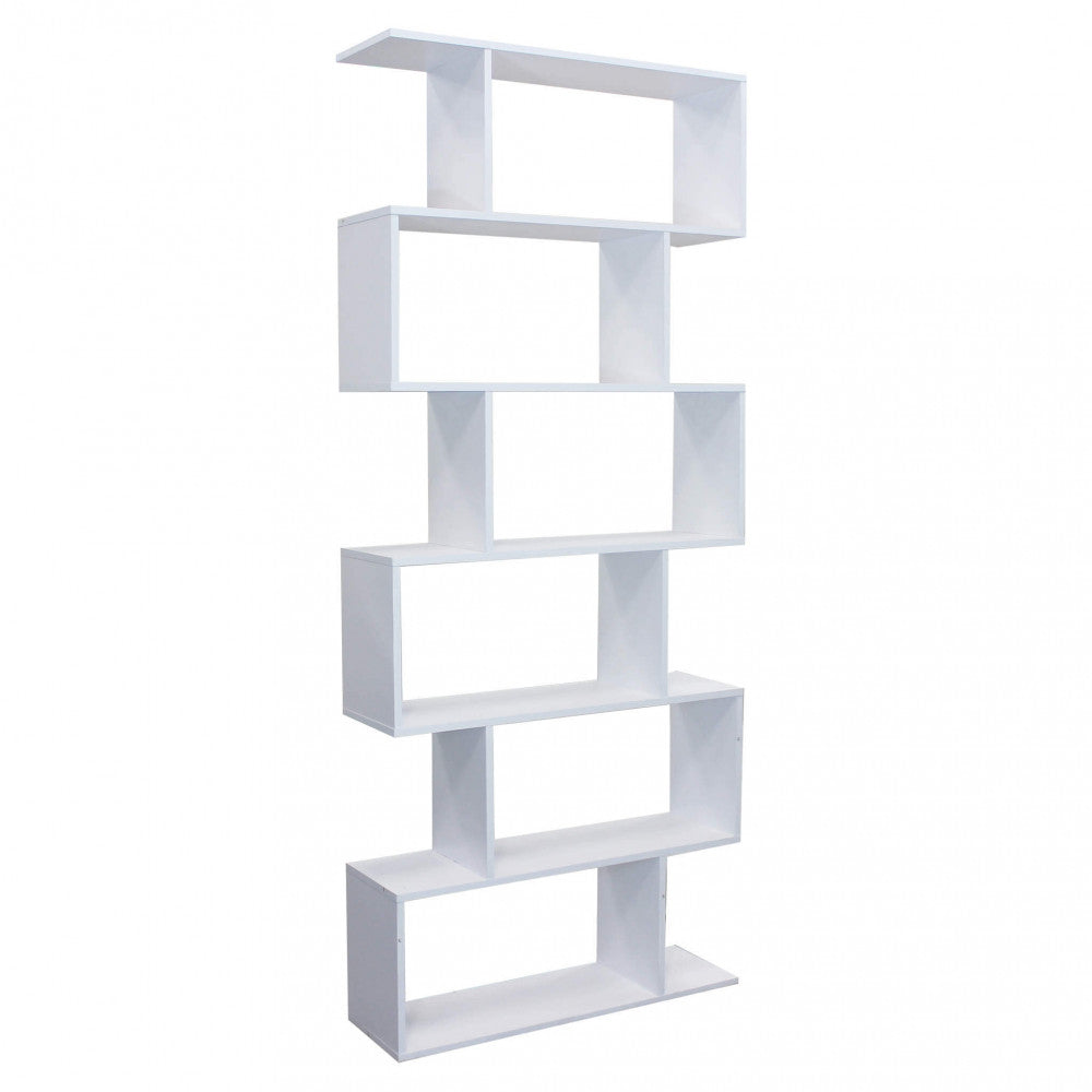 ALANA BOOKCASE, WHITE AND NATURAL. Bookcase in natural, white, or dark gray melamine with 6 shelves. Dimensions: 80 x 23.5 x 190.5 h.