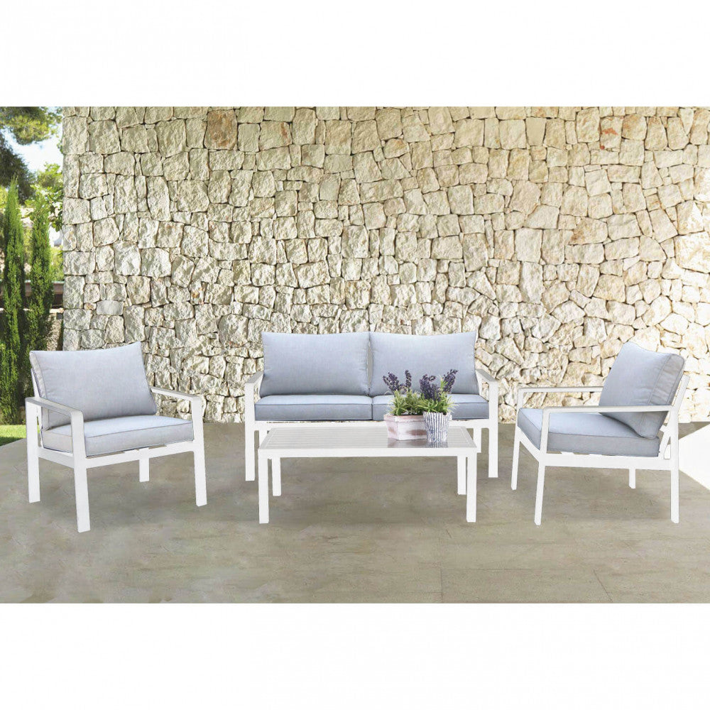 SALOTTO 2 P SANTO DOMINGO C/CUSCINI. Struttura in alluminio BIANCA o ANTRACITE cuscini in poliestere Dimensioni: D.140x70x68/P.64x70x68/T.100x50x35. Arredo Giardino