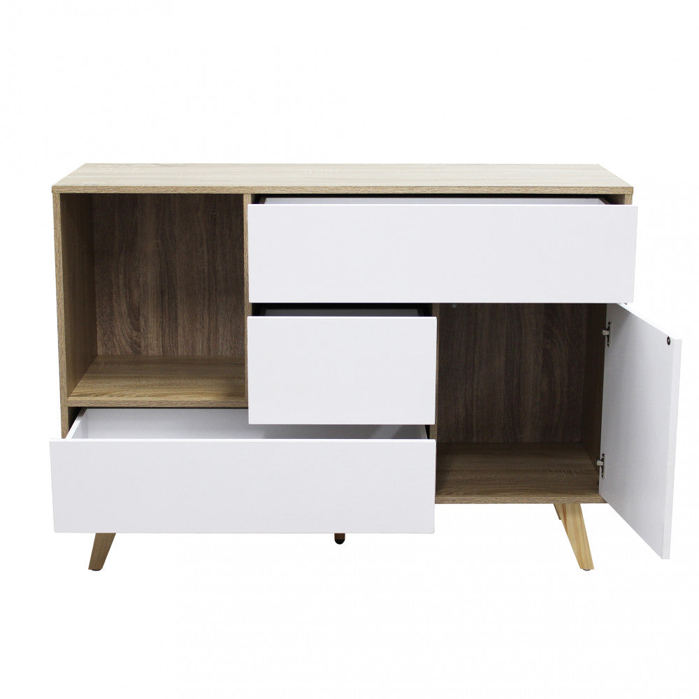 MOBILE EMORY BIANCO E NATURALE. Mobile in melammina con 1 ante, 3 cassetti e 1 ripiano naturali, struttura bianca o grigio scura Dimensioni: 119 x 39,5 x 85,6 h.