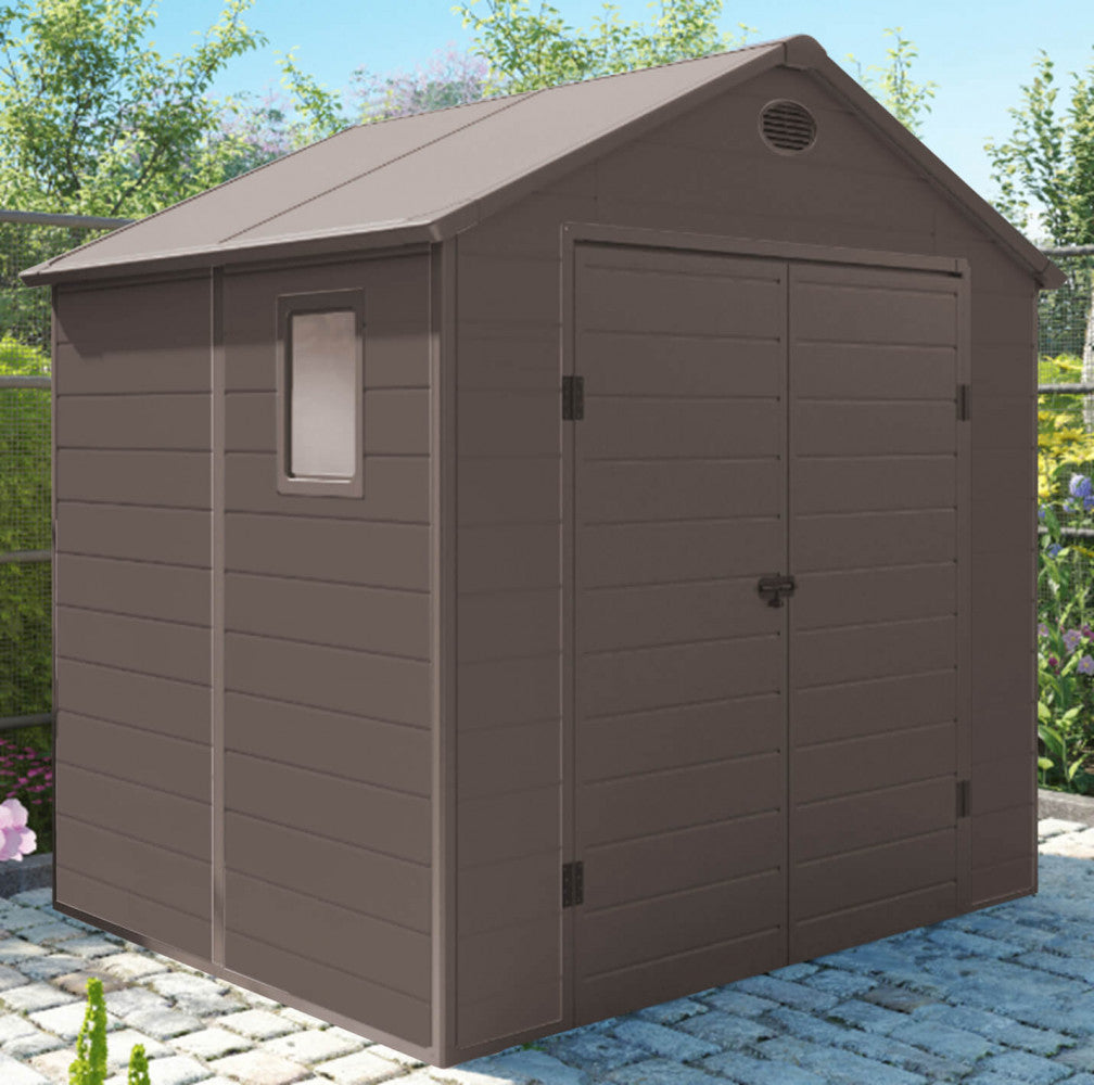 CASETTA HOME 190 X 192 X 226. Casetta in plastica con finestra MARRONE o GRIGIO CHIARO Dimensioni: cm 190 x 192 x 226 h. Arredo Giardino
