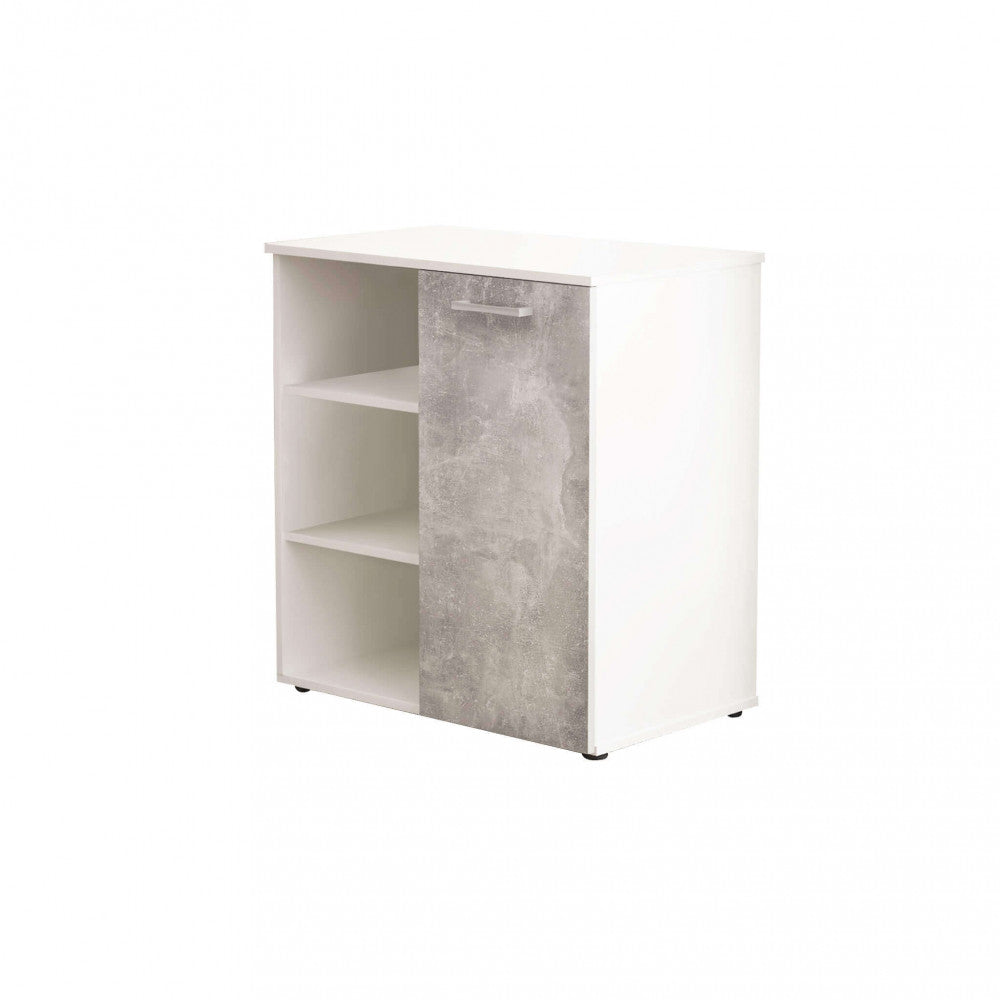 MOBILETTO 1 ANTA E 3 MENSOLE MARK BIANCO E CEMENTO CHIARO. Dimensioni: cm 68 x 35 x 87 h.