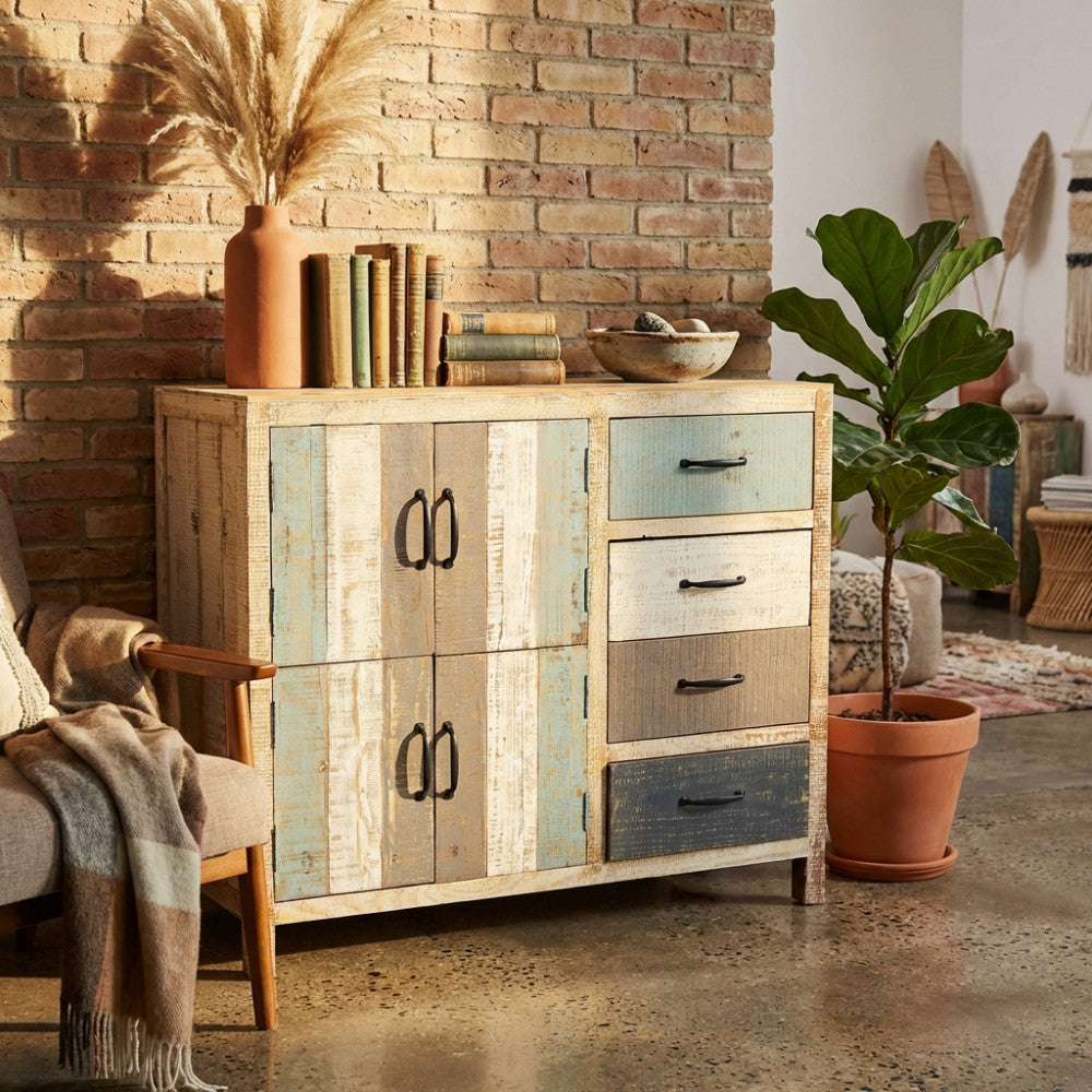 MOBILE EDISON. Mobile con 4 cassetti e 4 ante in legno colorato Dimensioni: cm 100 x 40 x 86 h.