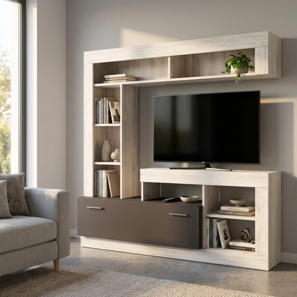 LEONARD LIVING ROOM WALL UNIT, LIGHT PINE AND GREY. Dimensions: 170 x 42 x 170 cm h.