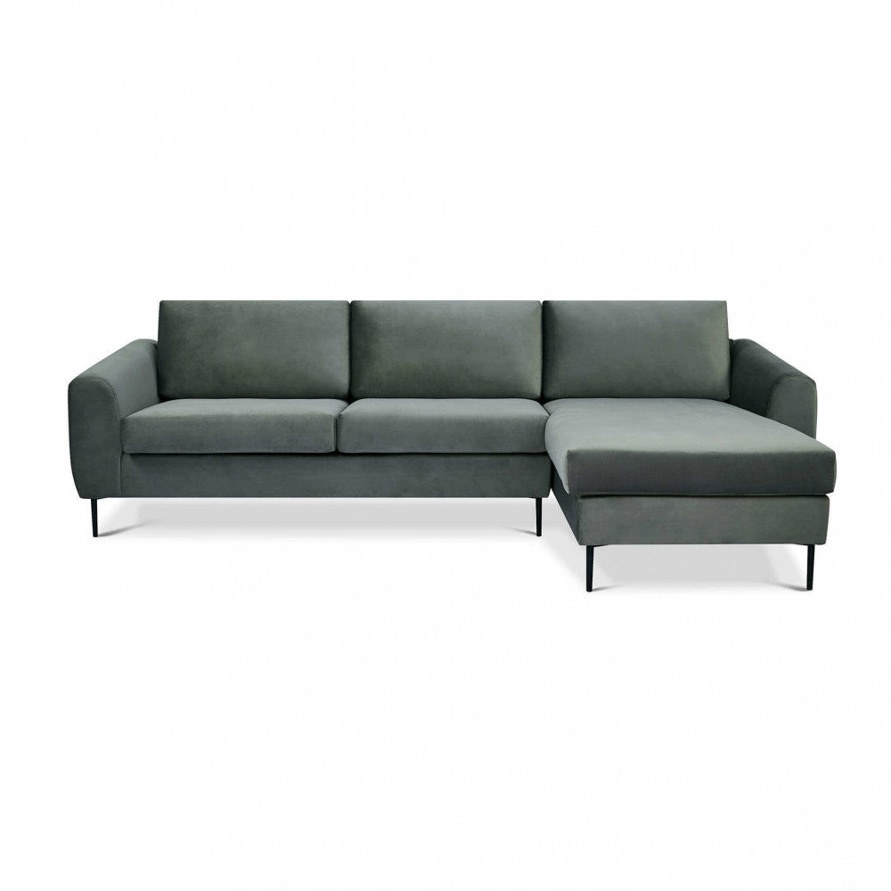 GREGORY SOFA WITH CHAISE LONGUE. Sofa with chaise longue in BROWN, GREY, or BLUE with metal legs. Dimensions: D.180x97x85/S.100x170x85.