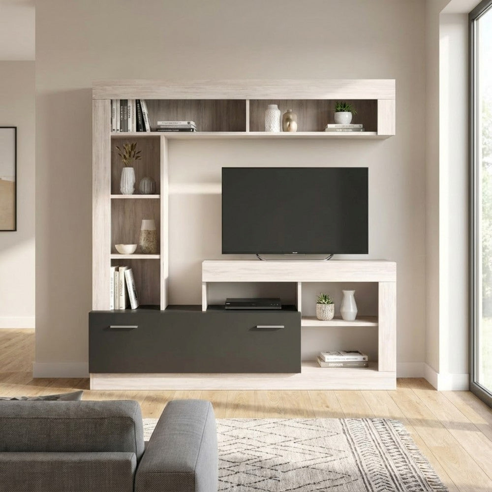 LEONARD LIVING ROOM WALL UNIT IN ANTHRACITE AND LIGHT PINE. Wall unit in ANTHRACITE and LIGHT PINE wood. Dimensions: 170 x 42 x 170 cm.