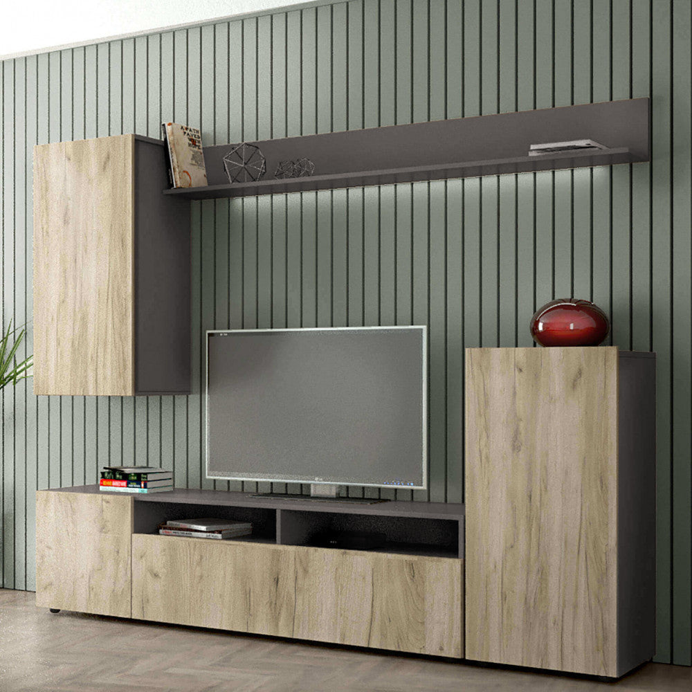 PARETE SOGGIORNO BRIDGE TAUPE E ROVERE. Dimensioni: cm 207 x 34 x 170 h.