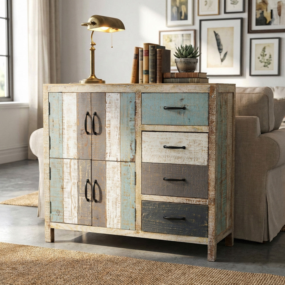 MOBILE EDISON. Mobile con 4 cassetti e 4 ante in legno colorato Dimensioni: cm 100 x 40 x 86 h.