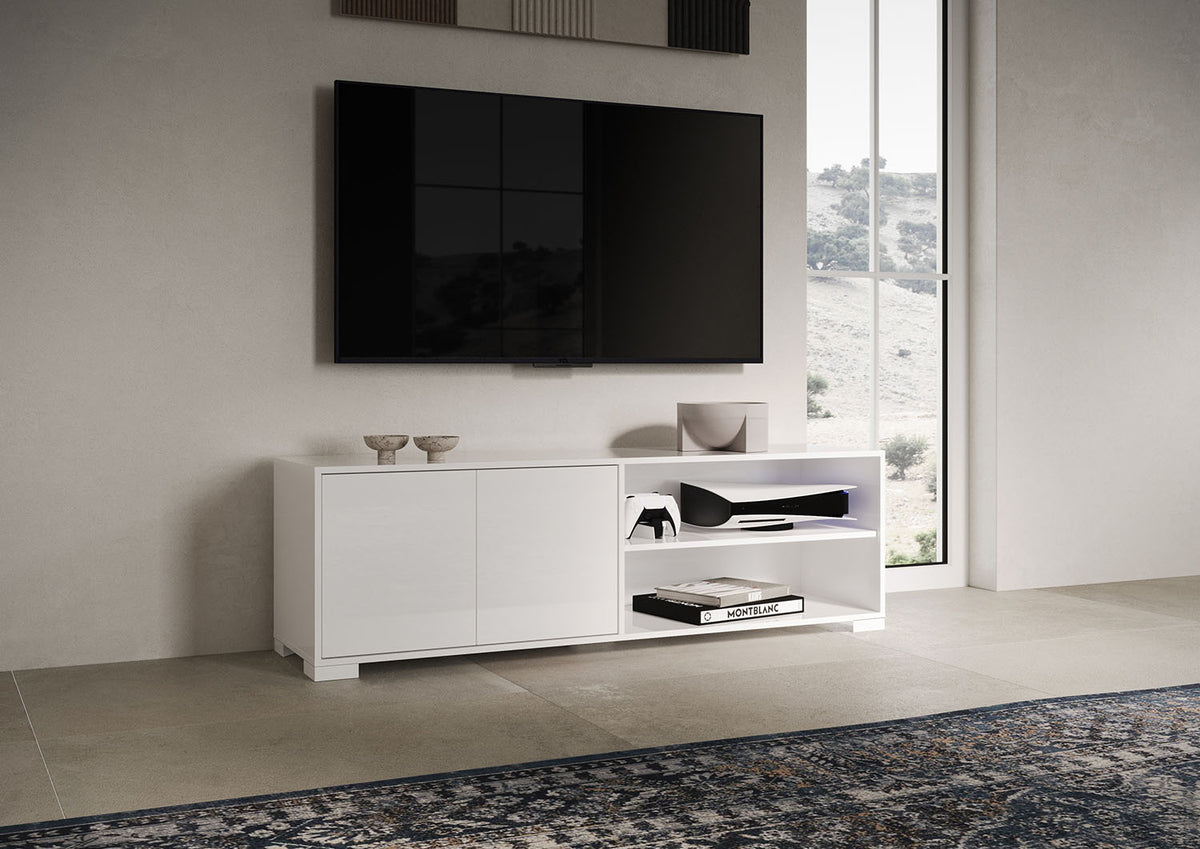 Porta TV 2 ante con vano a giorno 150x40x40 cm Ladinia bianco lucido