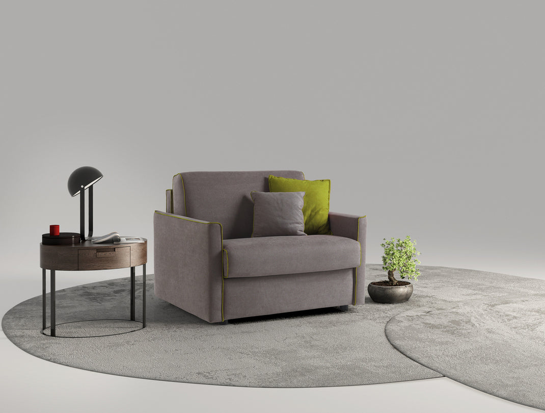 Poltrona letto Lampo con materasso H 16 sfoderabile in tessuto easy wash in poliestere profilo New Bronx Green (grigio con profili verdi). Made in Italy