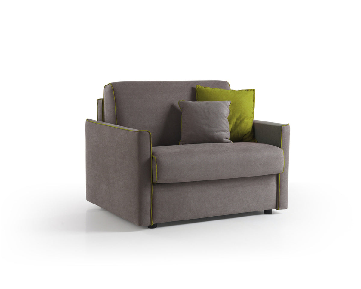 Poltrona letto Lampo con materasso H 16 sfoderabile in tessuto easy wash in poliestere profilo New Bronx Green (grigio con profili verdi). Made in Italy