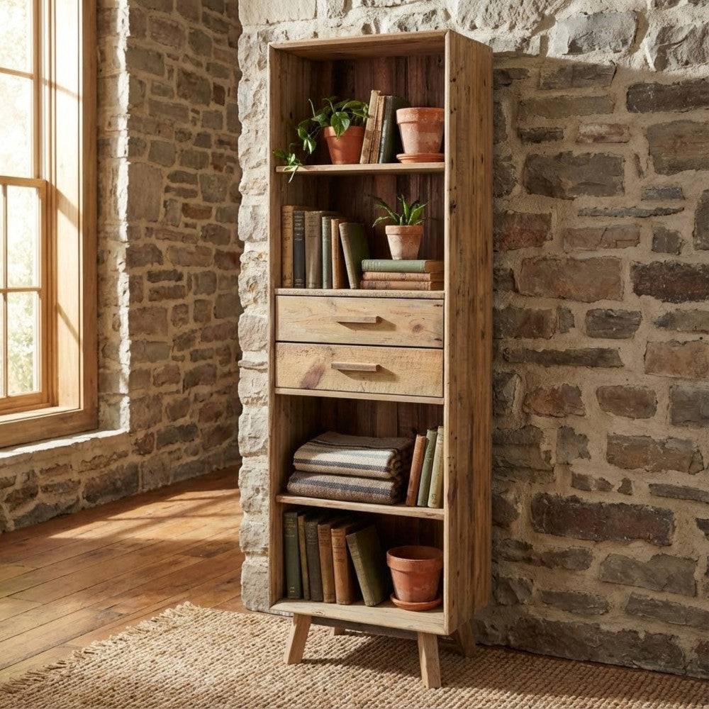 COLLIN BOOKCASE. Bookcase with 2 drawers and 4 shelves in recycled pine wood. Dimensions: 60 x 40 x 190 cm h.