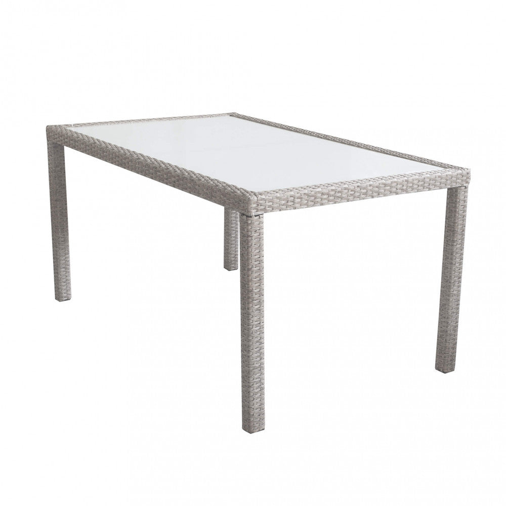 TAVOLO AZORE 150 X 90. Struttura in metallo, wicker MARRONE, GRIGIO o BIANCO materiale UV protection piano in vetro spessore 5 mm Dimensioni: cm 150 x 90. Arredo Giardino