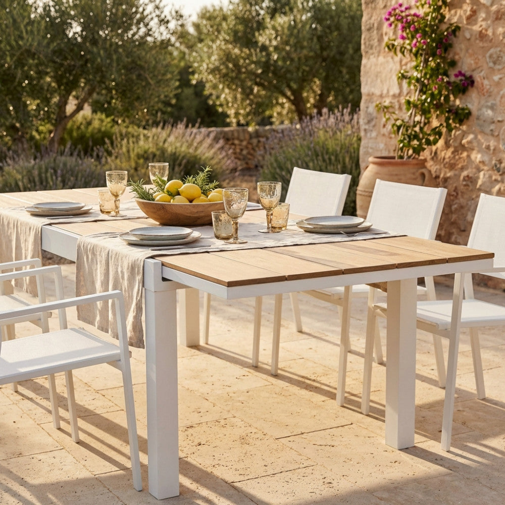 TAVOLO CAYMAN 200/300 X 95. Struttura in alluminio BIANCO o TAUPE piano in polywood color TEAK Dimensioni: cm 200/300 x 95 x 74 h. Arredo Giardino