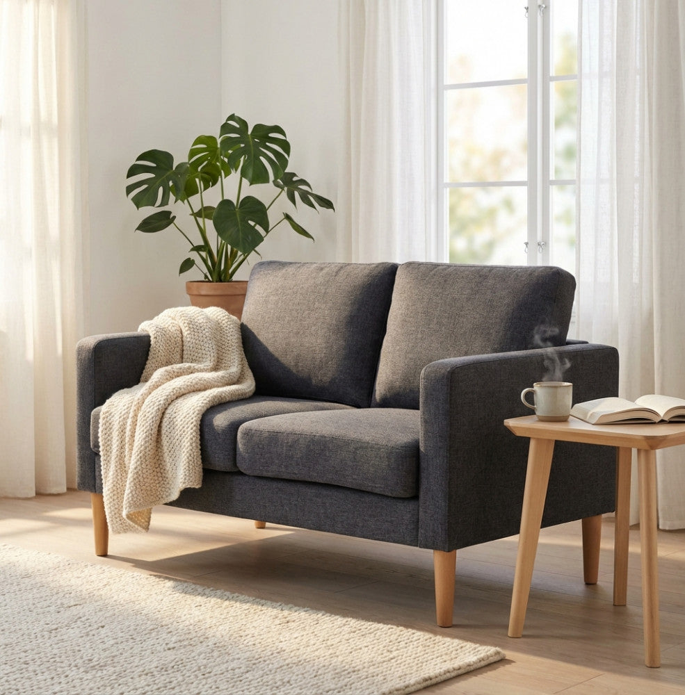 RAMSEY 2-SEATER SOFA. LIGHT GREY or DARK GREY or BLUE or BEIGE sofa with polypropylene legs. Dimensions: 137 x 73 x 82 h cm.