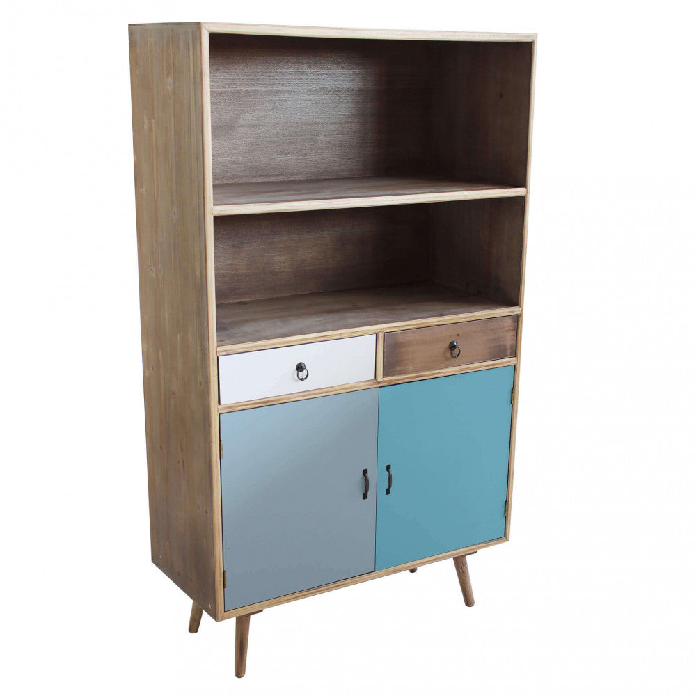 MOBILETTO BARRIE. Struttura in MDF, gambe in legno di pino, top colore NATURALE 2 ripiani, 2 ante e 2 cassetti colorati Dimensioni: cm 80 x 35 x 140 h.