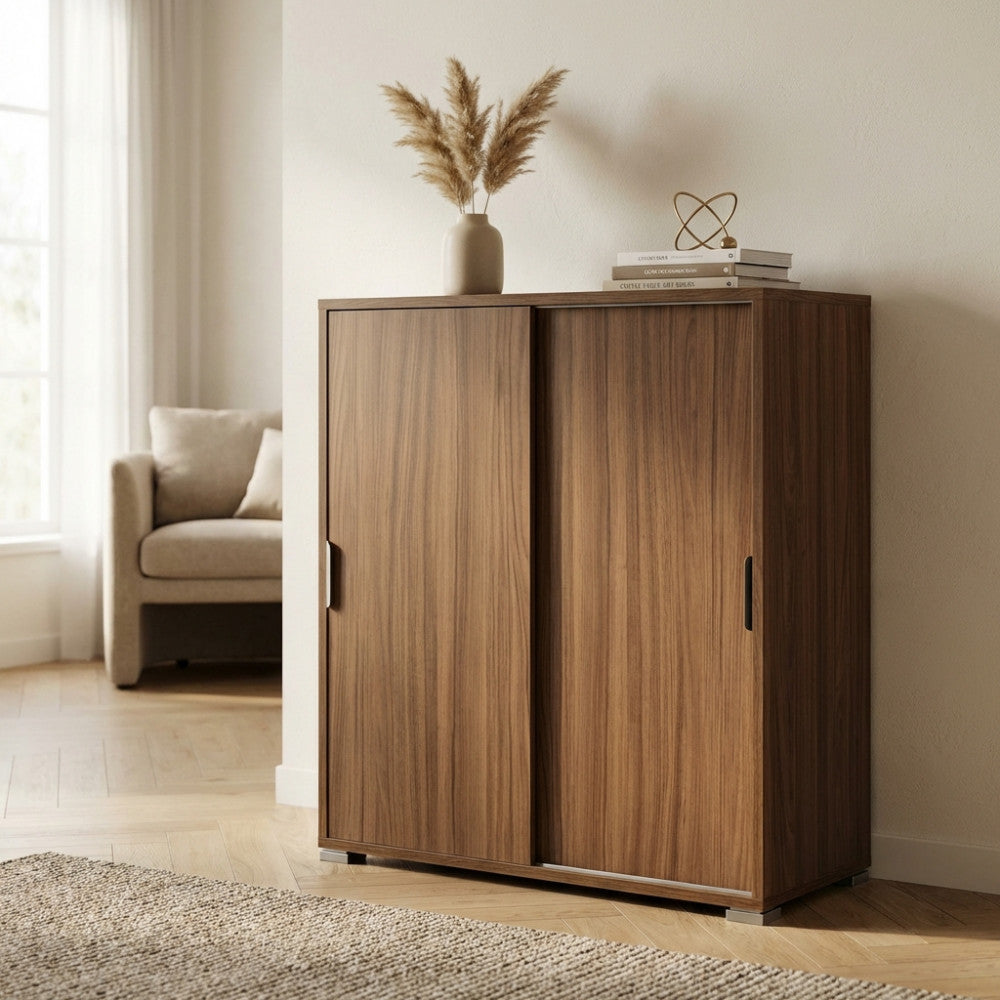 TANGO CABINET WITH 2 SLIDING DOORS IN WALNUT COLOR. Dimensions: 75 x 38 x 85 cm h.